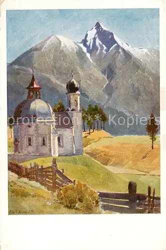 AK / Ansichtskarte 73807910 Seefeld_Tirol Seekirchl und Reitherspitze Kuenstlerserie Aquarell von Edo von Handel-Mazzetti Seefeld Tirol