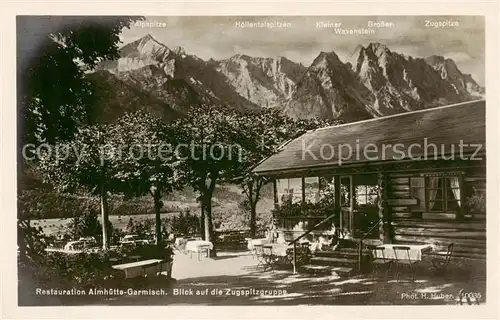 AK / Ansichtskarte  Garmisch-Partenkirchen Restauration Almhuette mit Zugspitzgruppe Garmisch-Partenkirchen