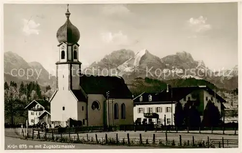 AK / Ansichtskarte 73808044 Kruen_Garmisch-Partenkirchen Kirche mit Zugspitzmassiv 
