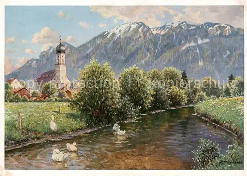 AK / Ansichtskarte 73808096 Oberammergau Motiv an der Ammer mit Kirche Oberammergau
