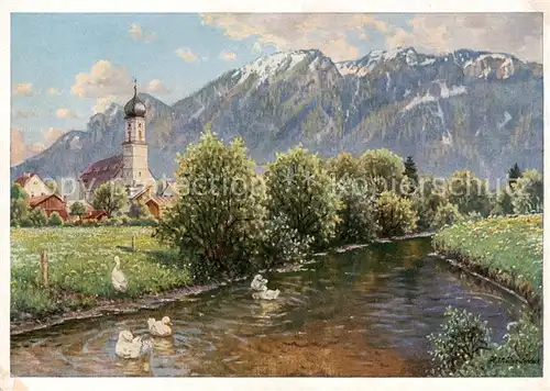 AK / Ansichtskarte  Oberammergau Motiv an der Ammer mit Kirche Oberammergau