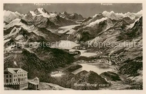 AK / Ansichtskarte Muottas_Muragl_Muottas_Murail_2453m_GR Panoramakarte mit Piz Rosatsch und St Moritz 