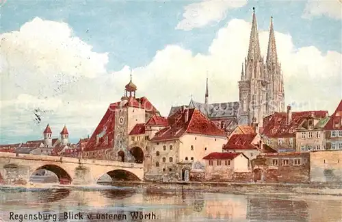 AK / Ansichtskarte 73808794 Regensburg Blick vom unteren Woerth mit Muenster Regensburg