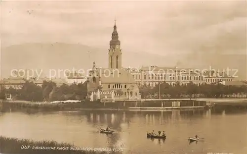 AK / Ansichtskarte  Dux_Sudeten_Duchcov_CZ Ev Kirche und Schulen mit Barbara Teich 