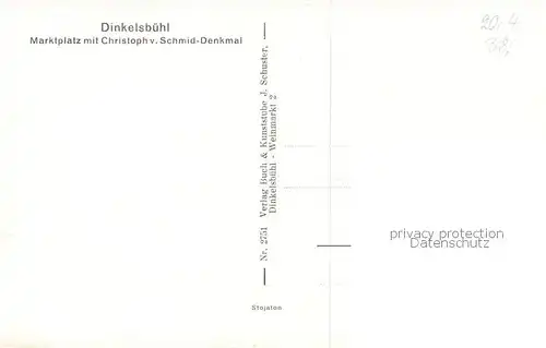 AK / Ansichtskarte 73808845 Dinkelsbuehl Marktplatz mit Christoph von Schmid Denkmal Dinkelsbuehl