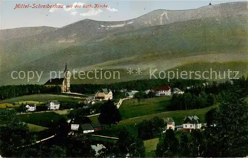 AK / Ansichtskarte 73808956 Mittel-Schreiberhau_Szklarska_Poreba_Riesengebirge_PL Panorama mit katholischer Kirche Riesengebirge 