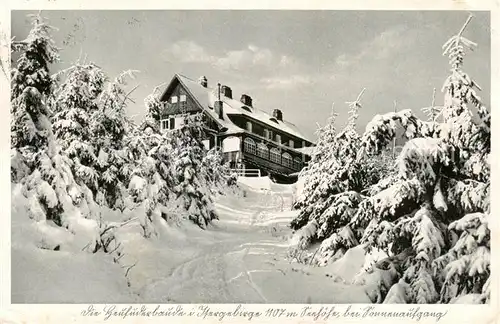 AK / Ansichtskarte  Heufuderbaude_Isergebirge_CZ Bergbaude im Isergebirge Sonnenaufgang im Winter Heimatkarte 