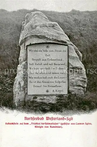 AK / Ansichtskarte  Westerland_Sylt Gedenkstein auf dem Friedhof der Heimatlosen Westerland_Sylt