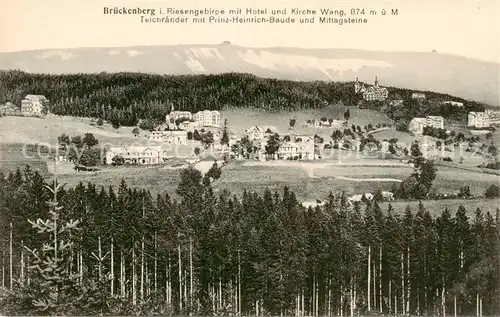 AK / Ansichtskarte 73809200 Brueckenberg_Krummhuebel_Riesengebirge_PL mit Hotel und Kirche Wang Teichraender mit Prinz Heinrich Baude und Mittagsteine 