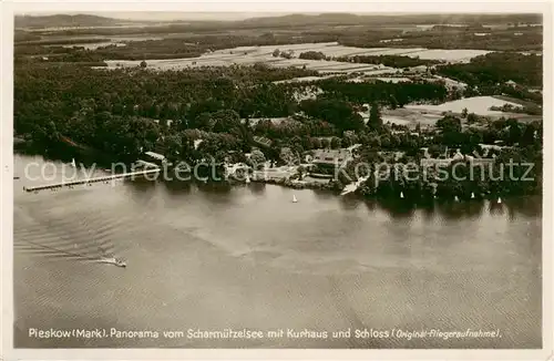 AK / Ansichtskarte  Pieskow_Bad_Saarow Fliegeraufnahme vom Scharmuetzelsee mit Kurhaus und Schloss  Pieskow_Bad_Saarow