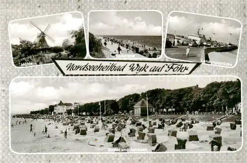 AK / Ansichtskarte  Wyk__Foehr Muehle Suedstrand Landungsbruecke Strand und Sandwall 