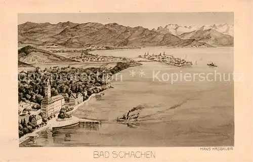 AK / Ansichtskarte 73810913 Bad_Schachen_Bodensee Panorama Alpenblick aus der Vogelperspektive Kuenstlerkarte 