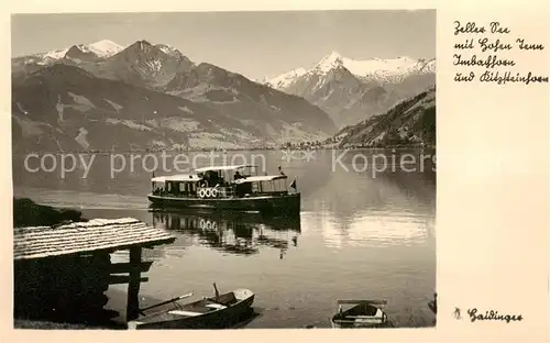 AK / Ansichtskarte 73810994 Zell_See_AT Uferpartie am Zeller See Fahrtgastschiff Blick gegen Hohe Tann Imbachhorn Kitzsteinhorn Hohe Tauern 