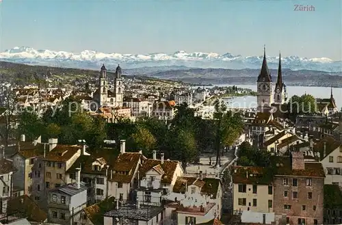AK / Ansichtskarte Zuerich_ZH Stadtpanorama mit Kirchen Zuerichsee Alpenkette Zuerich_ZH