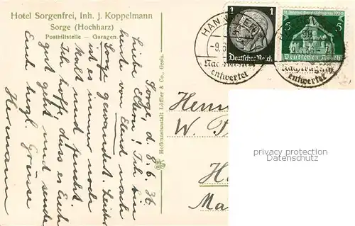 AK / Ansichtskarte  Sorge_Harz Hotel Sorgenfrei Sorge_Harz