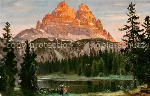 AK / Ansichtskarte 73811556 Misurinasee_Auronzo_Cadore_IT Landschaftspanorama mit Drei Zinnen Dolomiten Kuenstlerkarte 