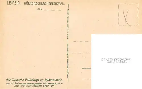 AK / Ansichtskarte 73811566 Leipzig Voelkerschlachtdenkmal Die deutsche Volkskraft im Ruhmesmale Leipzig