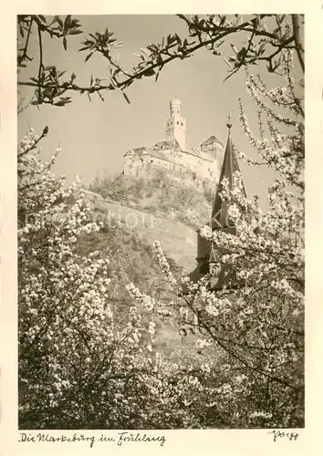 AK / Ansichtskarte 73811590 Braubach_Rhein Fruehling an der Marksburg Baumbluete Braubach Rhein