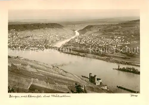 AK / Ansichtskarte 73811591 Bingen_Rhein Panorama mit Burg Ehrenfels und Maeuseturm Bingen Rhein