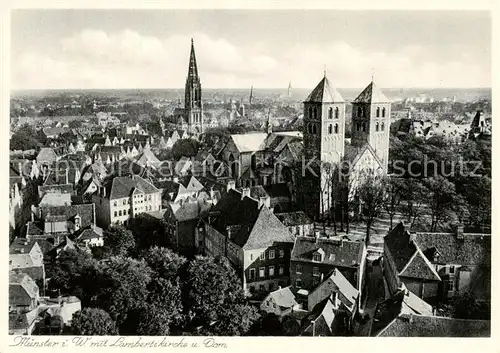 AK / Ansichtskarte 73811642 Muenster_Westfalen Stadtpanorama mit Lambertikirche und Dom Kupfertiefdruck Muenster_Westfalen