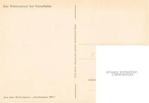 AK / Ansichtskarte 73811659 Hasselfelde Waldseebad aus Bildkalender Harzheimat 1955 Hasselfelde