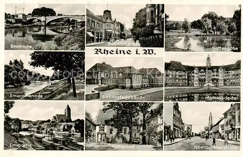 AK / Ansichtskarte  Rheine Emsbruecke Bahnhofstr Gottesgabe Emspromenade Bahnhofsgebaeude Mathias Spital Emspartie Falkenhof Ibbenbuerenerstrasse Rheine