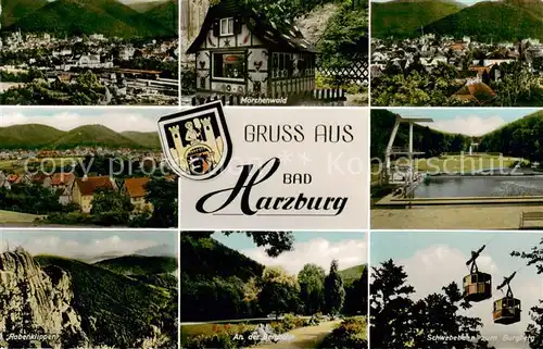 AK / Ansichtskarte 73812362 Bad_Harzburg Teilansichten Maerchenwald Rabenklippen Bergbahn Schwebebahn zum Burgberg Bad_Harzburg