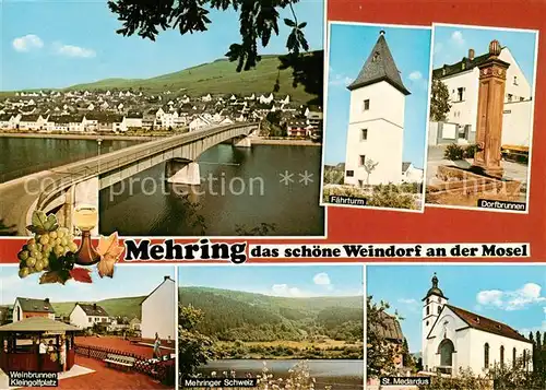 AK / Ansichtskarte 73812651 Mehring_Mosel Panorama Faehrturm Dorfbrunnen Weinbrunnen Minigolf Mehringer Schweiz St Medardus Mehring Mosel