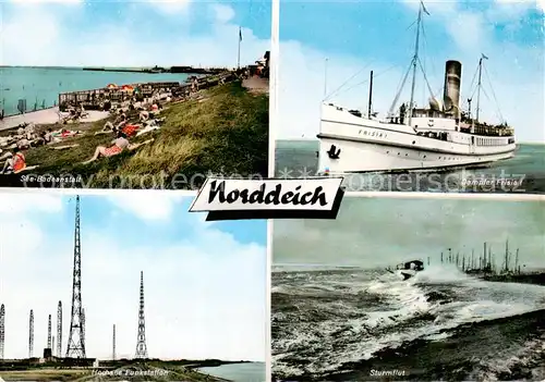 AK / Ansichtskarte  Norddeich__Norden_Nordseebad See Badeanstalt Dampfer Frisie I Funkstellen Sturmflut 