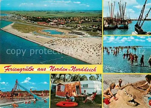 AK / Ansichtskarte  Norden_Norddeich_Nordseebad Fliegeraufnahme Fischerhafen Strandpartien Camping 