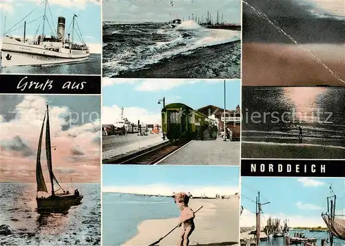 AK / Ansichtskarte 73812659 Norddeich__Norden_Nordseebad Faehrschiff Sturmflut Segelboot Stranspartie Bahnhof 