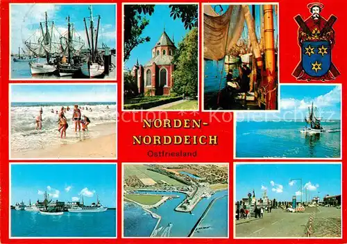 AK / Ansichtskarte  Norden_Norddeich_Nordseebad Fischerhafen Strandpartien Kirche Reede Fliegeraufnahme 