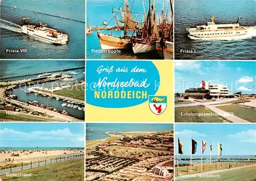 AK / Ansichtskarte  Norddeich__Norden_Nordseebad Faehrschiffe Frisia I und VIII Fischerboote Hafen Erholungszentrum Badestrand Fliegeraufnahme Seebad 