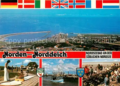 AK / Ansichtskarte  Norden_Norddeich_Nordseebad Fliegeraufnahme Minigolf Fischkutter Strand 