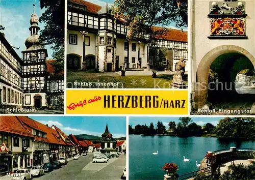 AK / Ansichtskarte  Herzberg_Harz Schlossturm Schloss Innenhof Eingangstor Markt Herzberg Harz