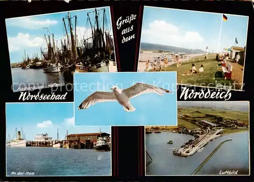 AK / Ansichtskarte  Norddeich__Norden_Nordseebad Fischerboote im Hafen Strand An der Mole Fliegeraufnahme 