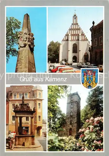 AK / Ansichtskarte 73812878 Kamenz_Sachsen Postmeilensaeule Klosterkirche Andreasbrunnen Lessingturm auf dem Hutberg Kamenz Sachsen