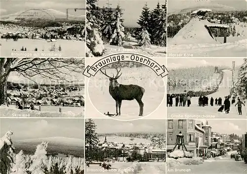 AK / Ansichtskarte  Braunlage Panorama Blick gegen Wurmberg Achtermann Harzer Koete Skiwiese Hirsch Skisprungschanze Brocken Kurpark Brunnen Winterlandschaft Braunlage