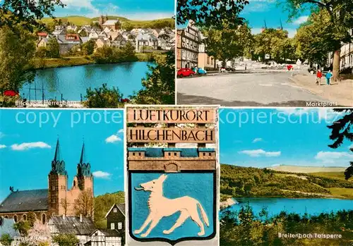 AK / Ansichtskarte  Hilchenbach Blick vom Herrenberg Marktplatz Kirche Breitenbach Talsperre Wappen 