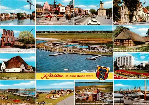 AK / Ansichtskarte  Husum__Nordfriesland Binnenhafen Markt Kirche Cornelsche Haus Nissen Haus Roter Hauberg Schwimmbad Badestrand Nordseehotel Fliegeraufnahme Parkhotel Thordsen Fischereiflotte 