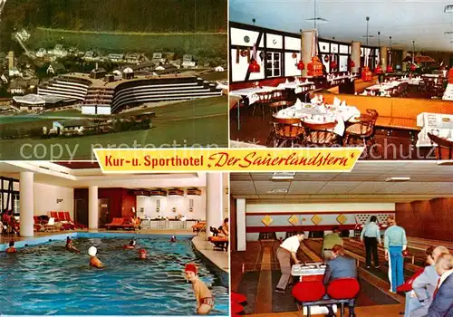 AK / Ansichtskarte 73813457 Willingen_Sauerland Kur und Sporthotel Der Sauerlandstern Fliegeraufnahme Hallenbad Speisesaal Bowlingbahn Willingen_Sauerland