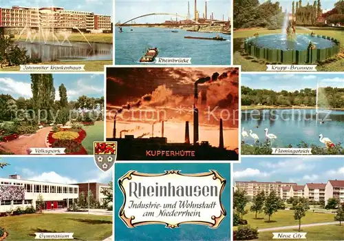 AK / Ansichtskarte 73813482 Rheinhausen_Duisburg Johanniter Krankenhaus Rheinbruecke Krupp Brunnen Volkspark Kupferhuette Flamingoteich Gymnasium Neue City Rheinhausen Duisburg