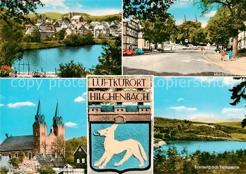 AK / Ansichtskarte 73813586 Hilchenbach Blick vom Herrenberg Marktplatz Kirche Wappen Breitenbach Talsperre Landschaftspanorama 