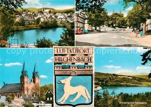 AK / Ansichtskarte  Hilchenbach Blick vom Herrenberg Marktplatz Kirche Wappen Breitenbach Talsperre Landschaftspanorama 