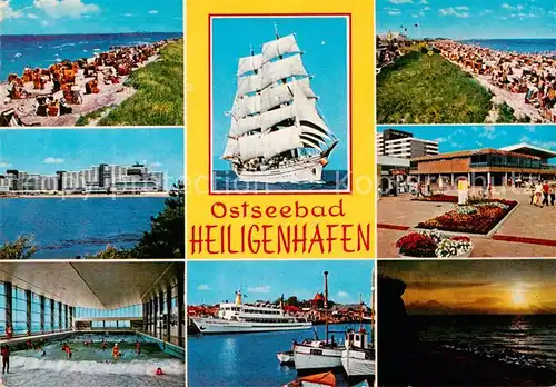 AK / Ansichtskarte 73813597 Heiligenhafen_Ostseebad Strand Segelschiff Hotels Hafen Faehre Wellenbad Sonnenuntergang Heiligenhafen_Ostseebad