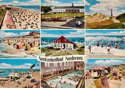 AK / Ansichtskarte 73813607 Norderney_Nordseebad Strand Gaststaette Wellenbad Hafen Inselbahn Brandung Leuchtturm Norderney_Nordseebad