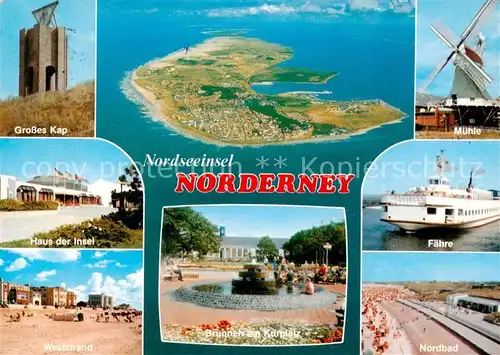 AK / Ansichtskarte 73813619 Norderney_Nordseebad Grosses Kap Haus der Insel Weststrand Brunnen Kurplatz Muehle Faehre Nordbad Luftaufnahme Nordseeinsel Norderney_Nordseebad