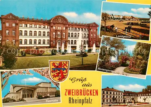 AK / Ansichtskarte  Zweibruecken_Pfalz Schloss Landgestuet Rosengarten Festhalle Herzogplatz mit Rathaus Zweibruecken Pfalz