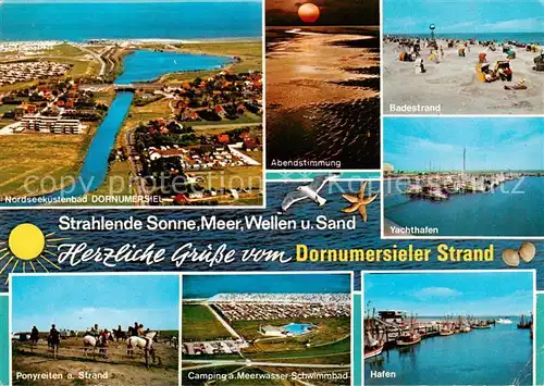 AK / Ansichtskarte  Dornumersiel Fliegeraufnahme Abendstimmung Badestrand Yachthafen Ponyreiten Camping Hafen Dornumersiel