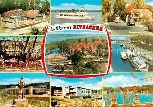 AK / Ansichtskarte 73813699 Hitzacker_Elbe Hotel Waldfrieden Fahrgastschiff Drawehnertorstrasse Riesenkastanie Blick vom Weinberg Ruebezahl Parkhotel Schwimmbad Jetsetpartie Hitzacker Elbe